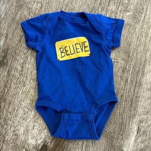 Blue Baby Onesie with Yellow 'Believe' Print